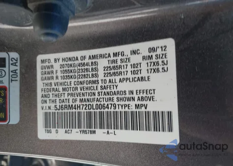 2013 Honda Cr-V Ex-L z USA, uszkodzony, nr VIN 5J6RM4H72DL006479